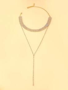 1 pieza Collar en forma de Y con capas múltiples, de diamante y borla dorado para mujer - Dorado - Ver 3