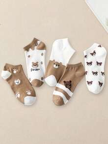 5 Pairs Cartoon Bear Pattern Socks, Soft & Lightweight Low-Cut Ankle Socks