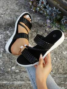 女士编织平底凉鞋，休闲户外一脚蹬舒适防滑夏季拖鞋 - 黑色 - 查看 2