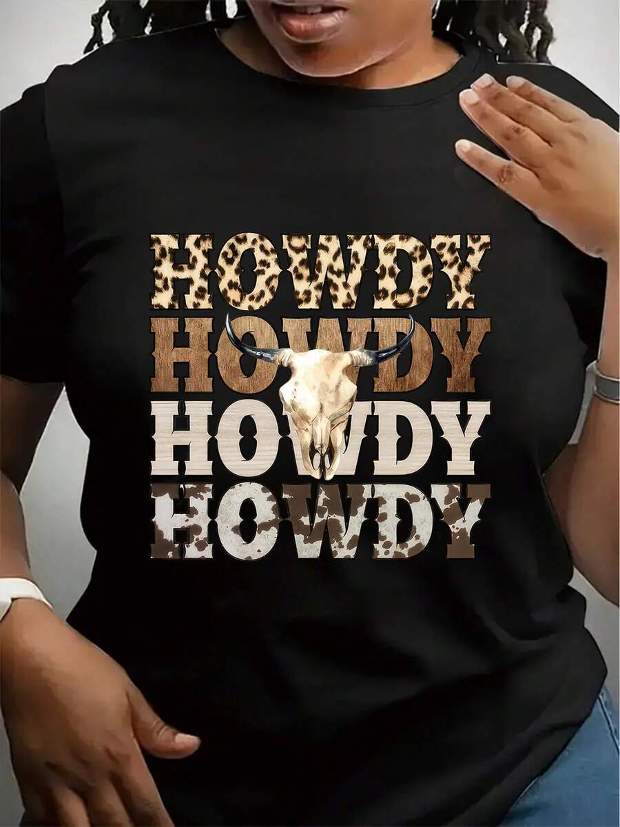 Plus Size Leopard Print Howdy Cow Print Women T Shirt Casual Short Sleeve Crew Neck Top Spring Summer Women Clothing Size L-3XL 4XL 5XL - 黑色 - 查看 1