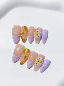 "10pcs Handmade French Style Press-On Nails With Floral Design And Pearl Accents - Perfect For Women And Girls For Everyday Wear And Parties, Includes Two Tools"