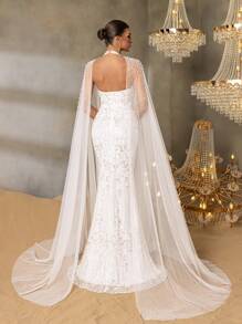 Faeriesty Faeriesty Luxury Pearl-Embroidered Mermaid Gown With Ethereal Sheer Cape Sleeves – Elegant Small Round Neckline, Floor-Length Fish Tail Hem & Formal Evening Dress For Gala Events, Wedding Receptions, Red-Carpet Premieres, Black-Tie Galas, And High-Society Celebrations