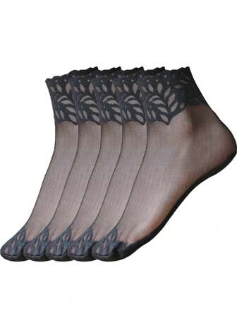 5 Pairs Women's Breathable Lace Mesh Ankle Socks, Black
