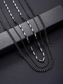 3pcs/Set Men's Stainless Steel Chain Necklace Set, Collarbones Chain, Stainless Steel Twist Rope, Casual Wear Accessories For Men - Black - View 3
