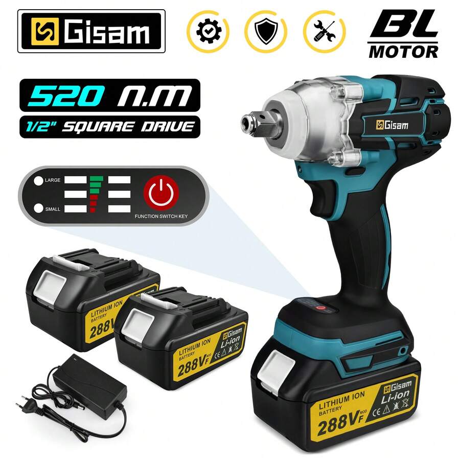 Gisam Llave de impacto eléctrica sin escobillas de 520 N.M, llave eléctrica inalámbrica de 1/2 pulgada, para destornillador inalámbrico Makita de 18 V, herramienta eléctrica - Ver 1