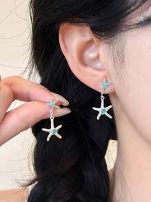 1 Pair Delicate Crystal Ocean Starfish Earrings, Adorable & Ethereal Beach Style Earrings For Women