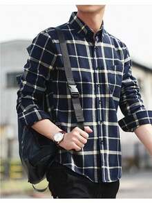 Men's Long-Sleeved Plaid Shirt, Casual Shirts, Striped Streetwear, Fashion Tops - 藏蓝色 - 查看 3
