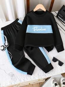 青少年男孩字母印花保暖圆领运动衫和裤子套装 - 黑色 - 查看 1