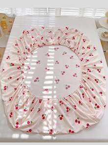 3pcs (1pc Fitted Sheet + 2pcs Pillowcases) New Pink Cherry Print Skin-Friendly Breathable 360° Wrap-Around Fitted Sheet + 2pcs Pillowcases Set, Aloe Cotton Washed Cotton Fitted Sheet With 2 Pillowcases, Soft, Moisture-Wicking, Durable, Fade-Resistant, Antibacterial, Warm Bedding Set For Bedroom, Guest Room, Dorm, Kids Room, All-Season Use