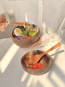 Bộ 1/2 bát dừa, thích hợp đựng sữa chua, cháo yến mạch, salad và món tráng miệng, đồ dùng gia đình, bát gỗ tự nhiên (không kèm thìa), đồ dùng nhà bếp, quà tặng Giáng sinh/Mùa tựu trường. - Cà phê nâu - Xem 5