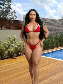 Sexy Tanning Bikini With Adjustable Thin Strap And Thong - Red - View 2