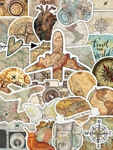100 张（2 套）复古旅行地图贴纸创意美学贴纸包，适用于装饰手机、日记本、行李箱、笔记本、杯子等，旅行日记装饰贴纸，子弹日记贴纸，回到学校 - 彩色 - 查看 1