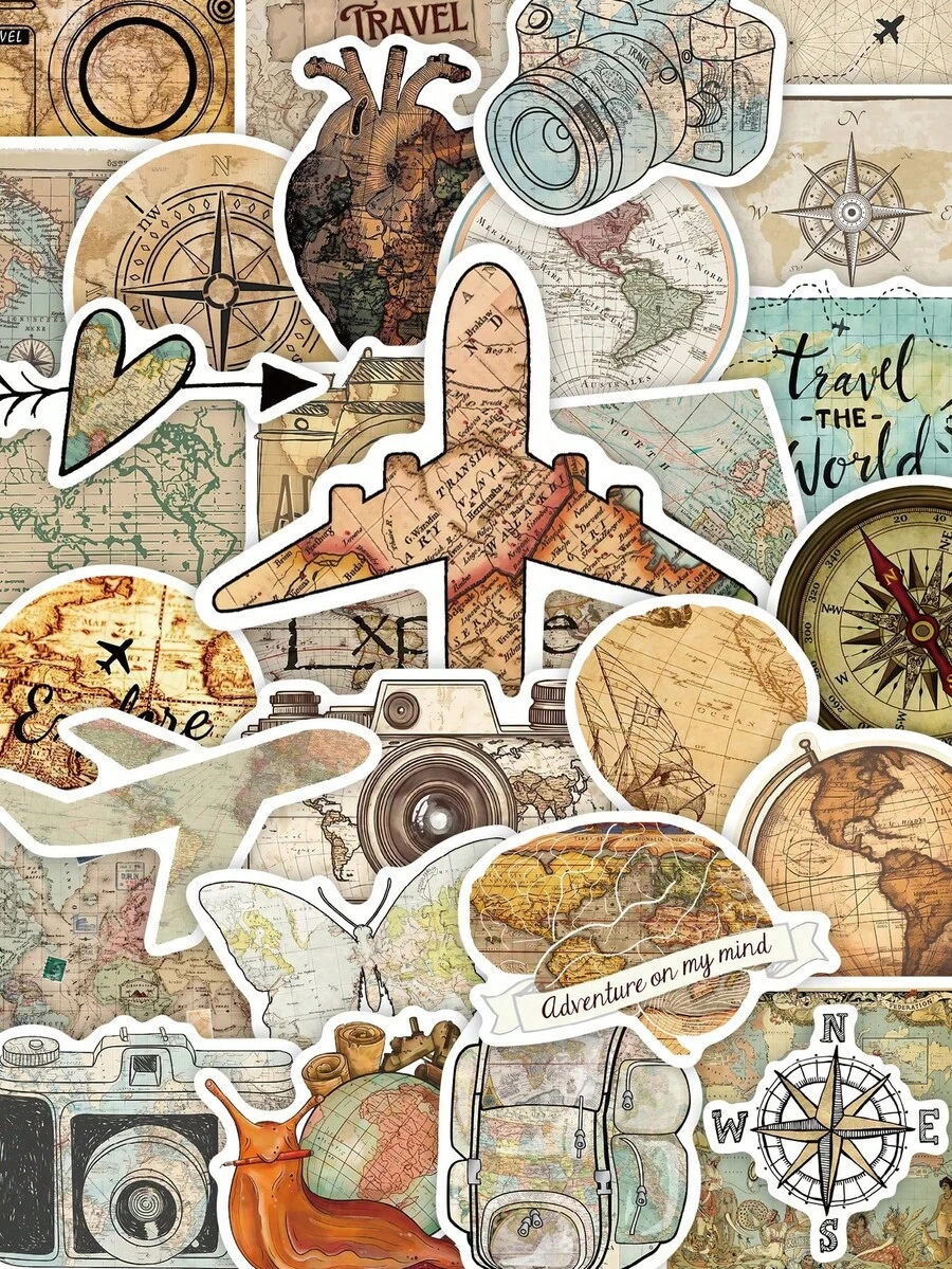 100 张（2 套）复古旅行地图贴纸创意美学贴纸包，适用于装饰手机、日记本、行李箱、笔记本、杯子等，旅行日记装饰贴纸，子弹日记贴纸，回到学校 - 彩色 - 查看 1