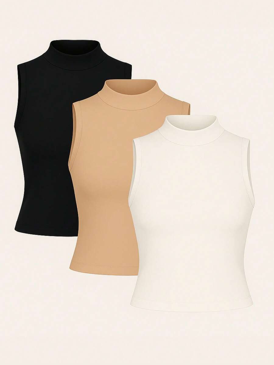 Kit 3 High Neck Blouse Suplex Basic Women's Casual Tank Top - Black/Beige/Off - View 1