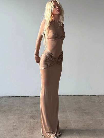 时尚性感纯色圆领长袖紧身连衣裙