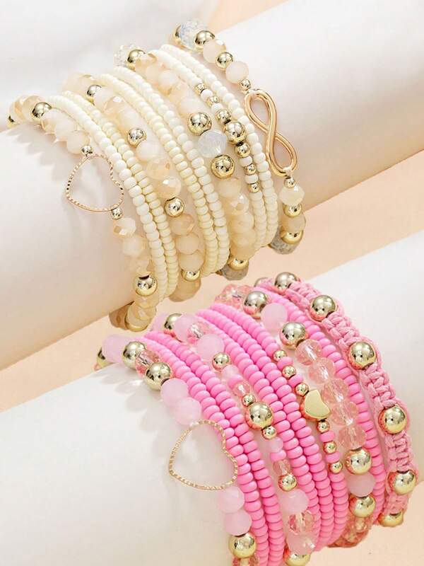 20pcs/Set Bohemian Style Colorful Seed Bead, Glass Bead Adjustable Bracelet Set, Includes Heart & Infinity Symbol Charm, Suitable For Daily Wear, Party, Gift For Family & Friends