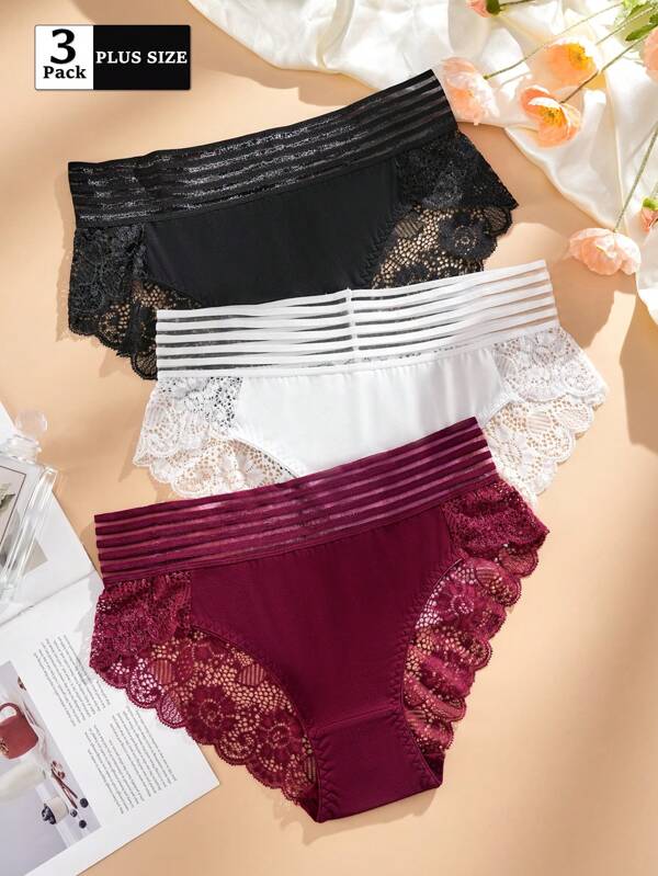 FOVTY 3 pezzi/confezione Biancheria intima per donna in taglie comode con pizzo elasticizzato di colore unito