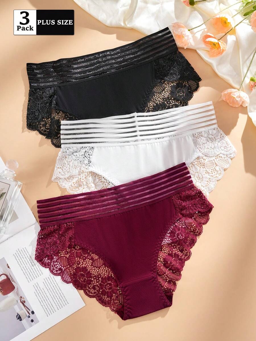 FOVTY 3pcs/Pack Solid Color Lace Trim Elastic Plus Size Women's Briefs - Multicolor - View 1