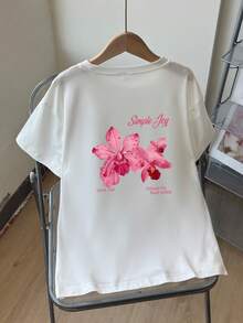 女童宽松T恤一件装 - 可机洗，芙蓉花印花T恤，适合儿童旅行度假、夏季穿着，女童服装