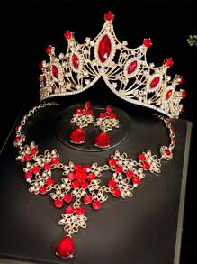 Set de 3 piezas de corona y accesorios para el cabello de novia, incluyendo aretes y collar - Joyería de princesa de estilo barroco de aleación, apta para boda, fiesta, novia, accesorios de graduación