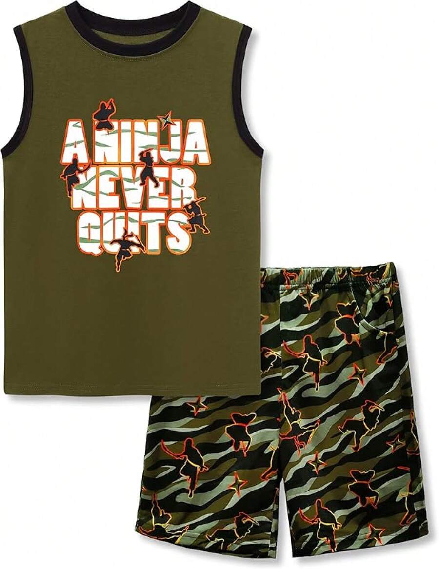 Little & Big Boys 2-Piece Cozy Summer Pajamas Black Gamer Tank Top & Shorts Cool PJ Kid Set Size 6-18 - Olive Green - View 1