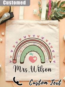 1Pc Custom Teacher Appreciation Tote Bag - Personalized Canvas Beach & Shopping Bag With Monogrammed Name, Personalised Teacher Bag - Custom Rainbow Tote With Floral Design, Large Capacity, Buckle Closure - Ideal Thank You Gift For TA, School Leaver, Or Teaching Assistant, School Bag|Floral Tote Bag - Multicolor - View 11