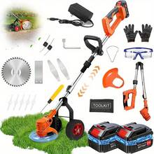 Cortacésped inalámbrico con ruedas, batería recargable de 21V, cortacésped de 4 cuchillas, recortador de césped, recortador de arbustos, recortador de jardín - Amarillo - Ver 7