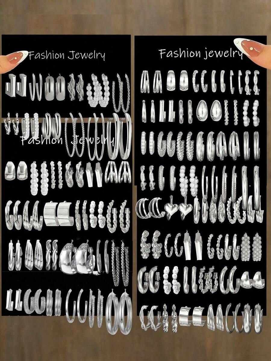 48-96 Pieces Fashionable, Elegant And Simple, Inlaid With Imitation Pearls, Love Butterfly Twist Hollow Design Earrings Set, Suitable For Women's Daily Light Luxury Collocation, To Participate In The Party Vacation Dating, Perfect Gift - 96PCS (Bạc) - Xem 1