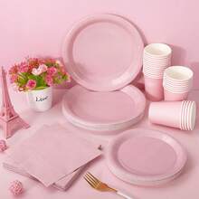 100Pcs Dusty Pink Tableware Set Disposable Dinnerware Set 50Pcs Paper Plates 25Pcs Napkin 25Pcs Cups For Wedding Birthday Bride Shower Party Table Decor - 粉色 - 查看 5