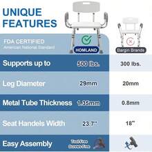 HOMLAND Silla de Ducha para Ducha Interior con Brazos y Espalda Apto para FSA HSA Asiento de Ducha Resistente de 500 Libras para Tina Asiento de baño de Seguridad Ajustable en Altura para - Blanco - Ver 6