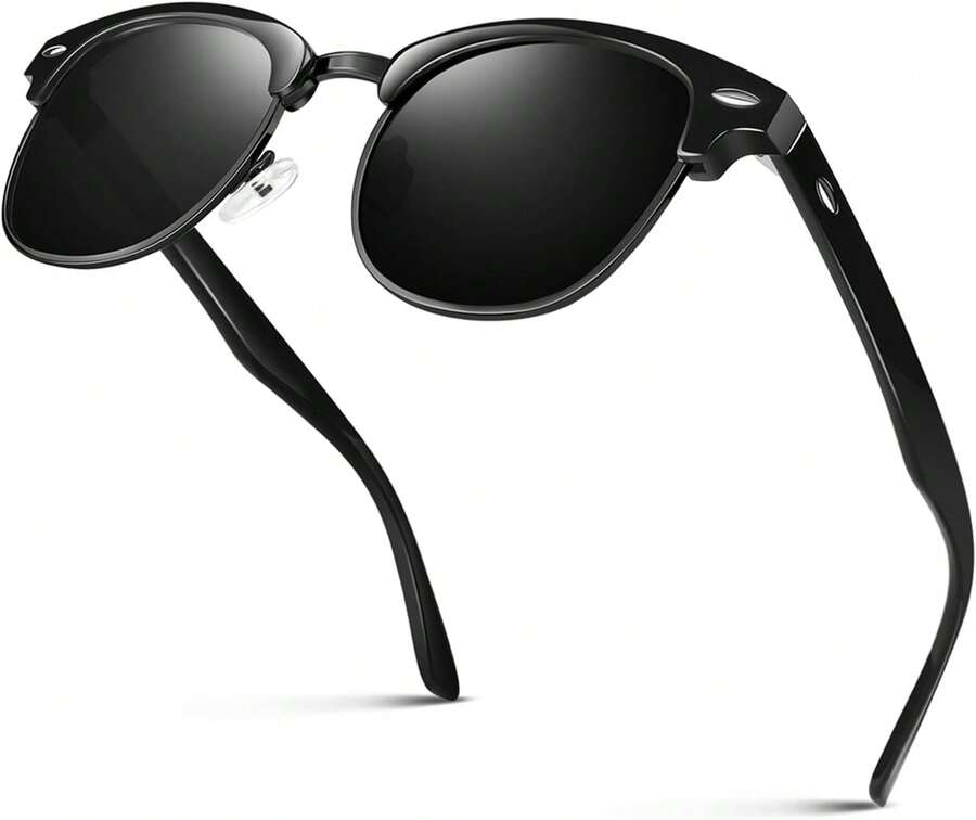 Polarized Semi Rimless Sunglasses For Men Women, Classic Retro Shades Half Frame Driving Sun Glasses UV Protection - 黑色 - 查看 1