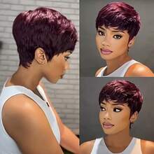 Short Grey Wig For Black Ladies Grey Pixie Wig For Black Ladies Grey Pixie Cut Short Wave Layering Wig Grey Wave Wig Short Wig (Grey) - 酒紅色 - 查看 6