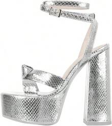 Local Delivery - Platform Heels For Women Ankle Strap Chunky High Heel Sandals - Grain Silver-a - View 1