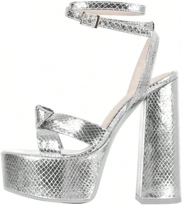 Local Delivery - Platform Heels For Women Ankle Strap Chunky High Heel Sandals - Grain Silver-a - View 1