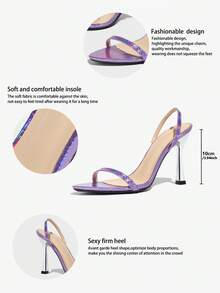 女士时尚性感露趾金属压花激光紫色面料舒适优雅银色粗跟春夏英式一脚蹬踝带迷人独特适合户外旅行、派对、夜间外出紫色高跟凉鞋 - 淡紫色 - 查看 8