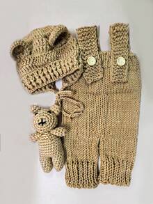 Newborn Photography Clothing Hand-Knitted Suspender Jumpsuit Costumes And Bear Ear Hat Teddy Bear Dolls Decor Outfits - 彩色 - 查看 11