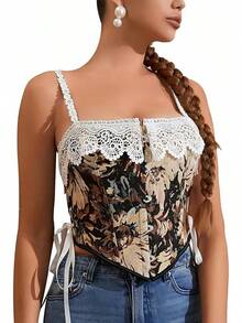 Womens Vintage 1920s Renaissance Lace Trim Corset Bustier, Retro Fashion - 黑色蕾絲 - 查看 1
