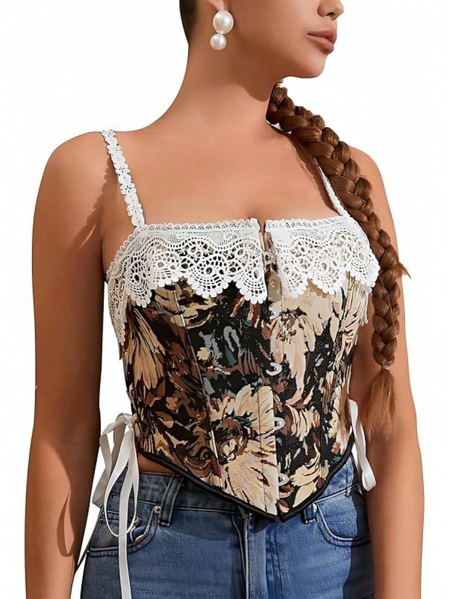 Womens Vintage 1920s Renaissance Lace Trim Corset Bustier, Retro Fashion - 黑色蕾絲 - 查看 1