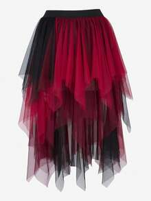 Skirts For Women,Renaissance Period Tulle Asymmetrical Skirt, Halloween Victorian Era Role-Playing Costume Layered Versatile Fairy Skirt High And Low Asymmetrical Hem Skirt Mesh Layered Skirt - Đen và đỏ - Xem 1