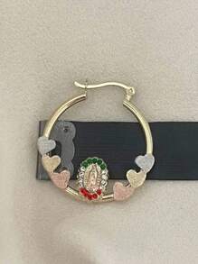 2 peças Brincos de Argola Dourados com Formato de Coração Minimalista da Virgem Maria, Incrustação de Cubic Zircônia, Adequados para Uso Diário das Mulheres e Presentes de Feriado