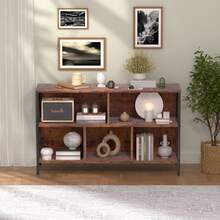 Horizontal Bookshelf Bookcase,6 Cube Storage Organizer With Open Shelf,47 Inch Industrial Low Wide Wood And Metal Cubby Shelf,Long Shelving Unit For Home Office Living Room(White,6 Cube) - 白色 - 查看 2