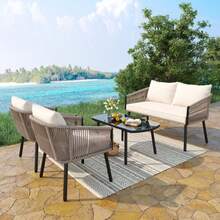 Garden furniture set, 4-piece garden lounge chair set, 2-seater sofa, 2 single sofas, coffee table, glass top, simple design, galvanized steel, beige