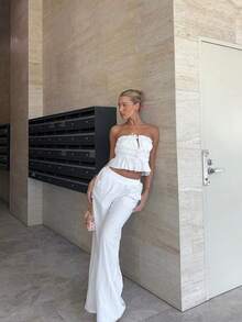 女士纯色荷叶边系带短款背心，皱褶紧身胸衣款式，适合约会、派对、生日、日常穿着和夏季