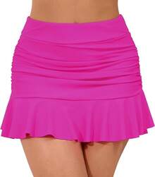 Halcurt Women's High Waisted Ruched Ruffle Swim Skirt With Shorts Tummy Control Tankini Swim Skort Bikini Swimsuit Bottoms - 粉色 - 查看 1