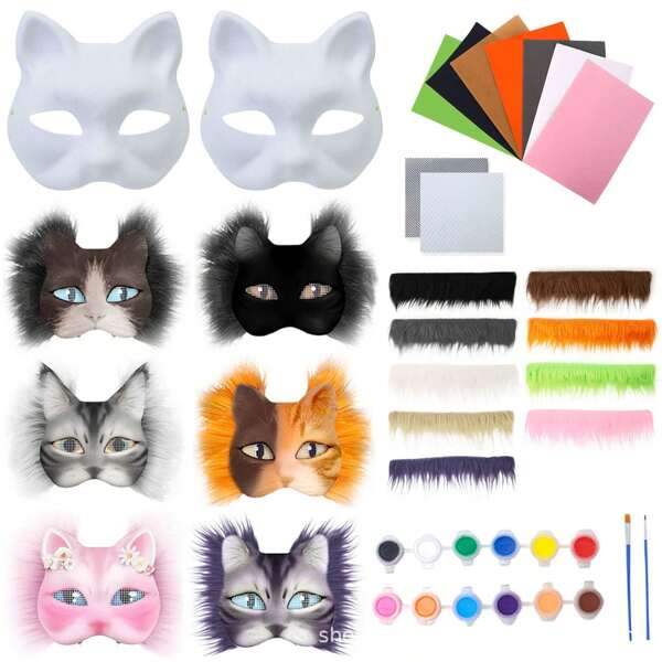 1pc,Halloween New DIY White Embryo Paper Pulp Fox Cat Mask Kids Handmade Graffiti Half Face Mask Creative Party