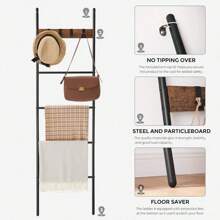 Blanket Ladder, 5-Tier Ladder Shelf, Decorative Ladder With 4 Removable Hooks, Metal Frame, Industrial Style, Rustic