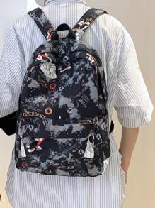 Casual Large Capacity Astronaut & Letter Print Multi-Pocket Functional Backpack, Unisex College Style Student Bookbag, Suitable For School, Study, Shopping, Travel, Back To School Season