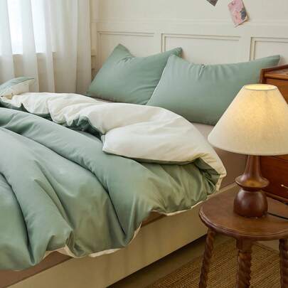 2/3件套浅绿色和白色双面被套套装，纯色柔软亲肤被套套装，简约风格双面被套套装，舒适柔软透气，适用于单人/双人/加大/特大号床 - 卧室、客房、宿舍的理想之选，1件被套配1/2个枕套（不含填充物），可机洗床上用品