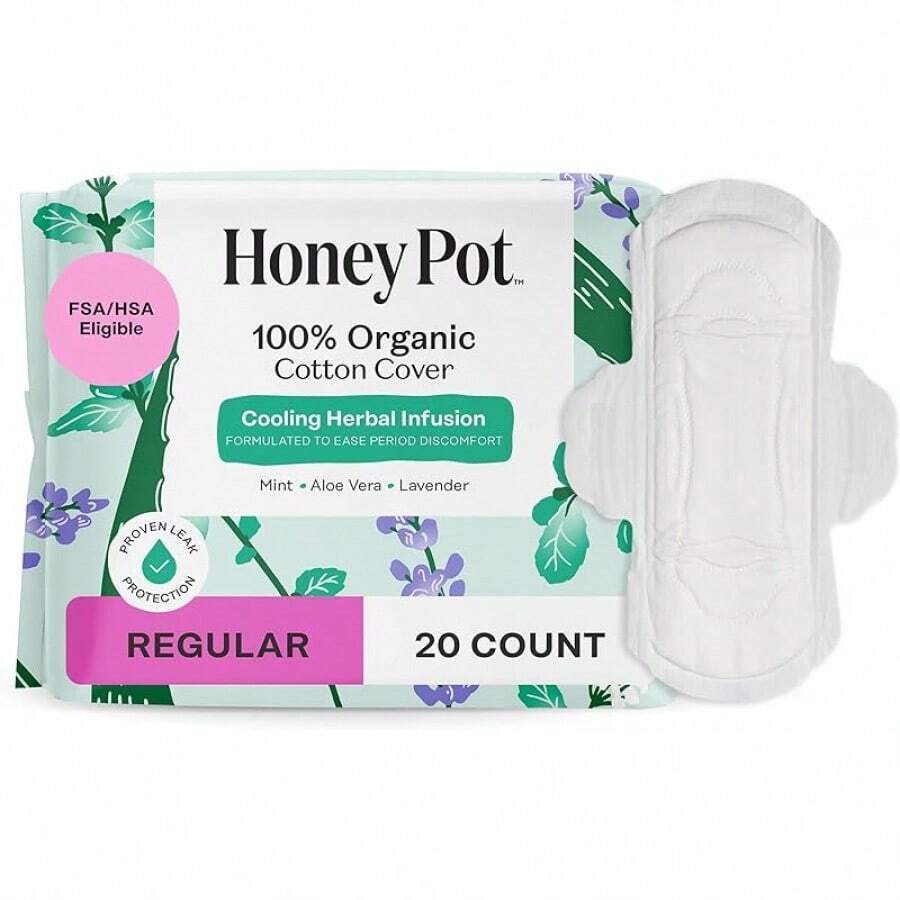 Honey Pot Company - Herbal Pads For Women - Super W/Wings - Infused W/Essential Oils For Cooling Effect, Organic Cotton Cover, & Ultra-Absorbent Pulp Core - Feminine Care - FSA & HSA - 16 Ct - Herbal Regular Flow - 查看 1
