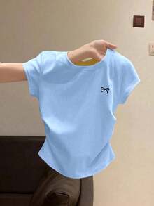 女童蝴蝶结刺绣褶皱修身圆领T恤，休闲百搭中大码儿童衬衫，女童服装 - 淺藍色 - 查看 2